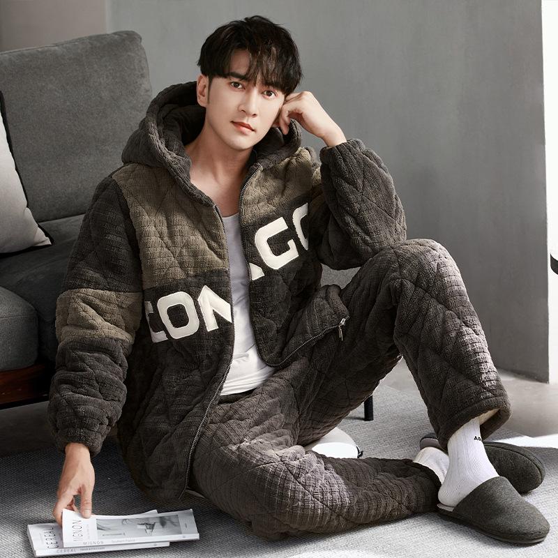 Пижама мужская зимняя из кораллового флиса с хлопковой подкладкой, трехслойная утолщенная флисовая теплая осенне-зимняя одежда для дома на молнии 3XL