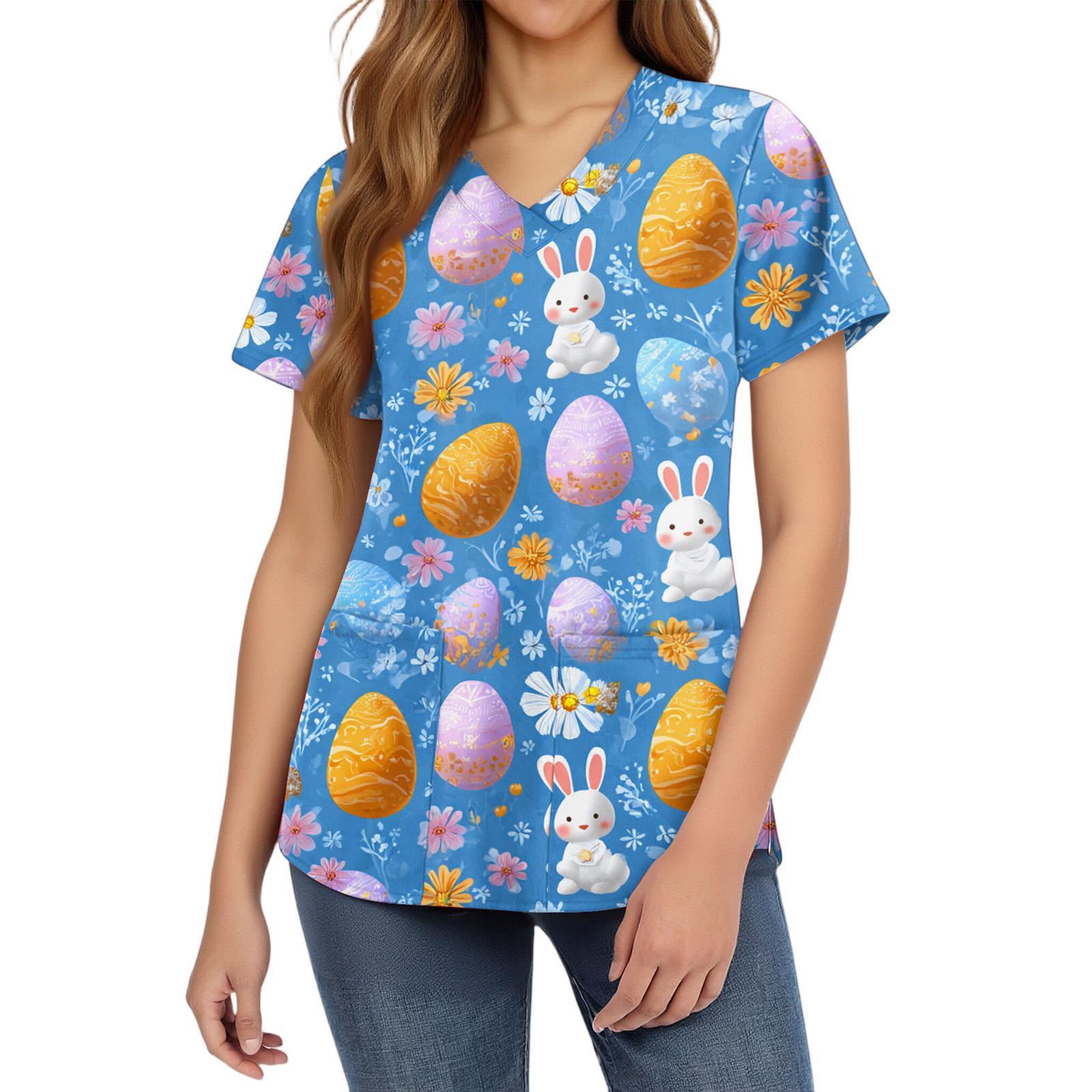 Women s fashionable V-neck short-sleeved work uniform with pockets, Easter print top, caregiver uniform. XL
Women s fashionable V-neck short-sleeved work uniform with pockets, Easter print top, caregiver uniform. XL