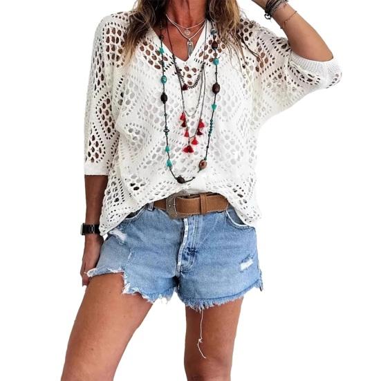 Bohemian Style Crochet Tops V-Neck Half Sleeve Knitting Cover-up Pure Color Loose Fit Hollow Design Summer Tops XXL
Bohemian Style Crochet Tops V-Neck Half Sleeve Knitting Cover-up Pure Color Loose Fit Hollow Design Summer Tops XXL