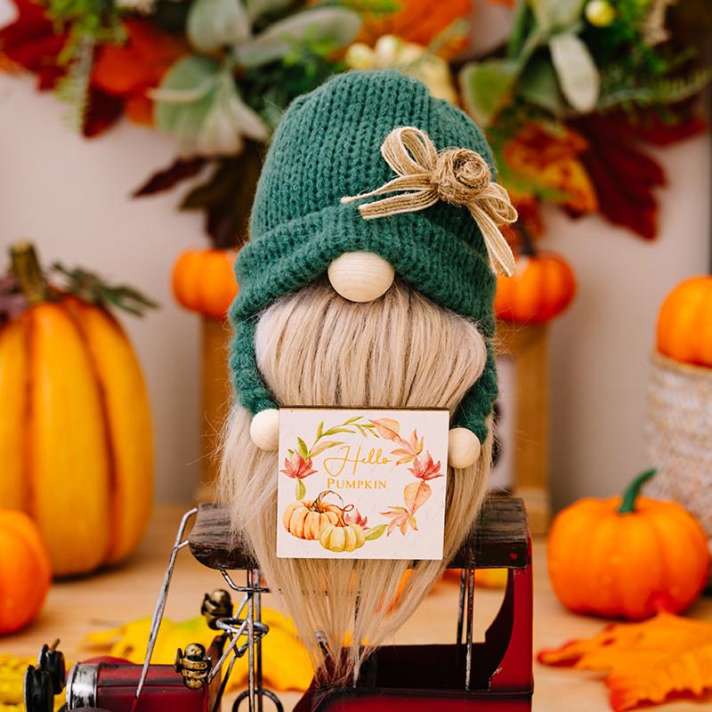 Оранжевый Гном Декоративный с Вязаной Шапкой Идеально Подходит для Осеннего Урожая и Тем Дня Благодарения зелёный