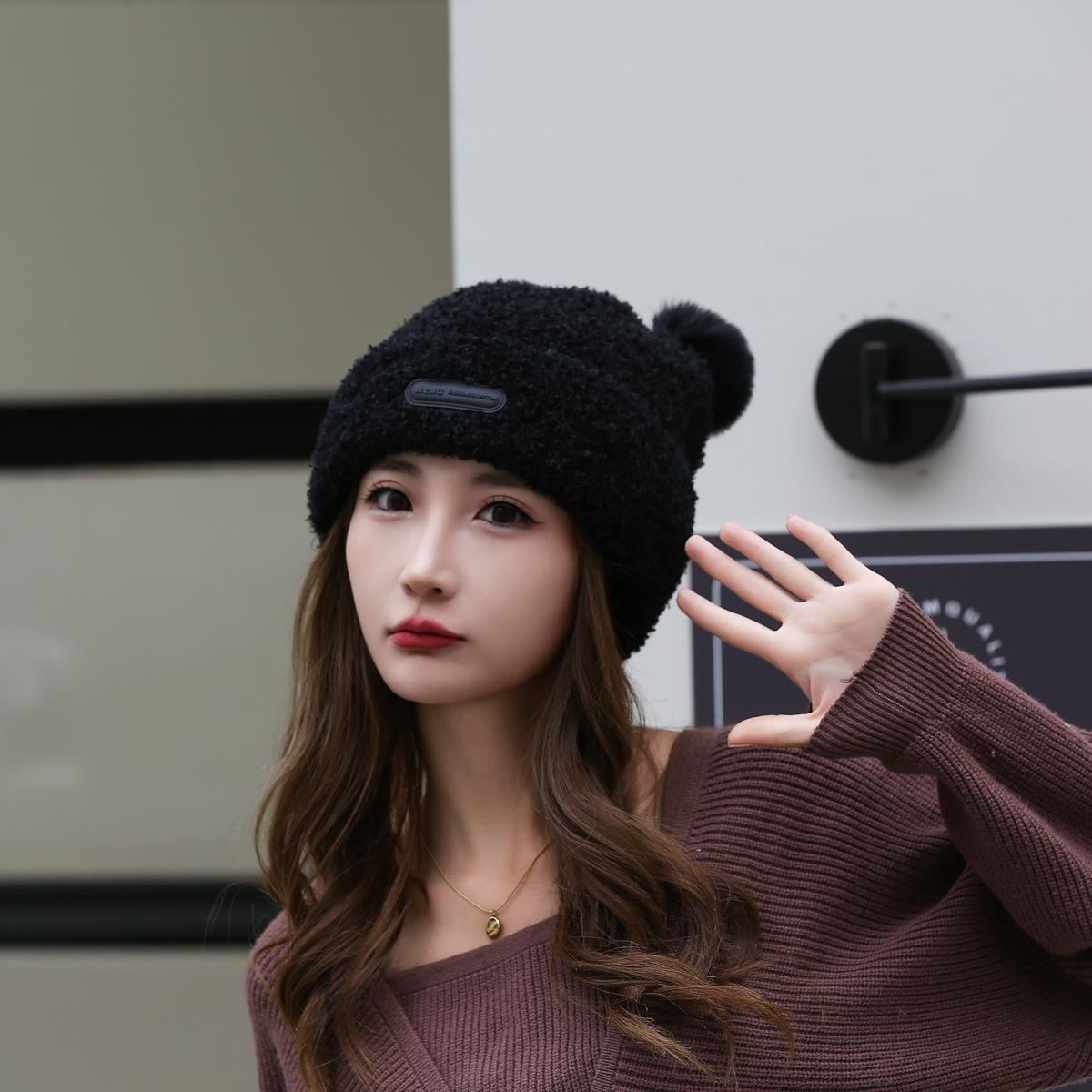 Зимняя новая симпатичная плюшевая теплая вязаная шапка универсальная маленькая корейская версия шерстяной шапки