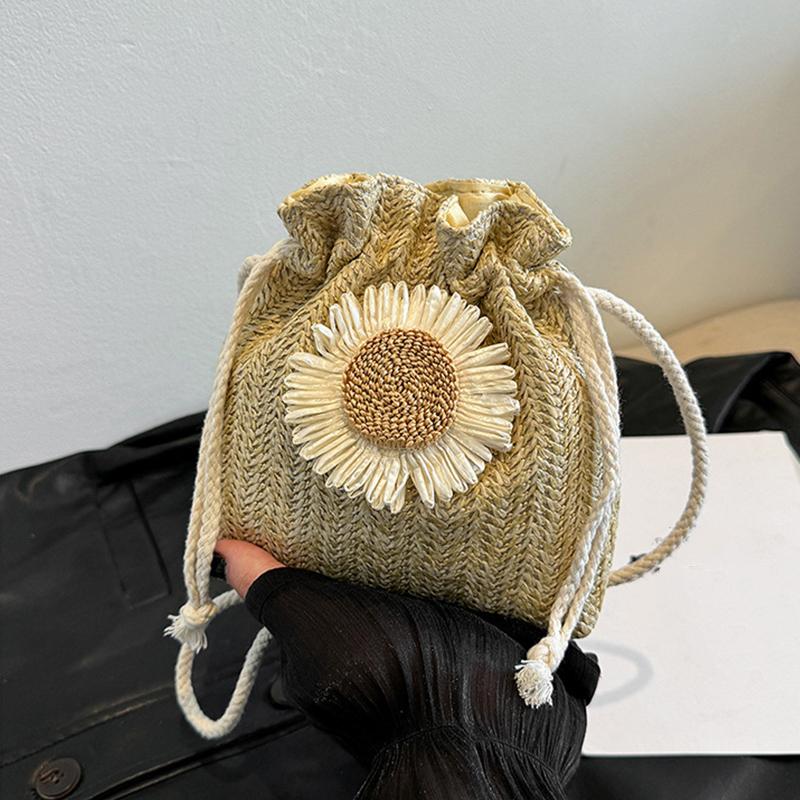 Плетеная из ротанга женская соломенная сумка-сумка вязаная цветочная летняя пляжная сумка-мессенджер через плечо модная креативная сумка-ведро 13x5x15cm хаки