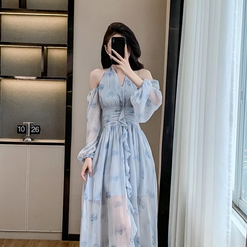 Blue Ink Print Off-Shoulder Halter Dress - Korean Style Waist-Cinching Long Dress for Vacation Medium
Blue Ink Print Off-Shoulder Halter Dress - Korean Style Waist-Cinching Long Dress for Vacation Medium
