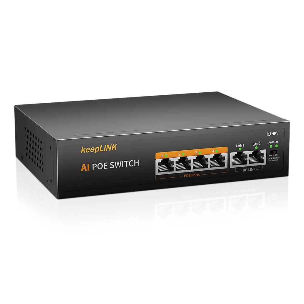 keepLiNK PoE Switching Hub Silent Fanless Metal Housing Power Saving Design 6-port 10/100Mbps (4-port PoE+ 65W)
keepLiNK PoE Switching Hub Silent Fanless Metal Housing Power Saving Design 6-port 10/100Mbps (4-port PoE+ 65W)