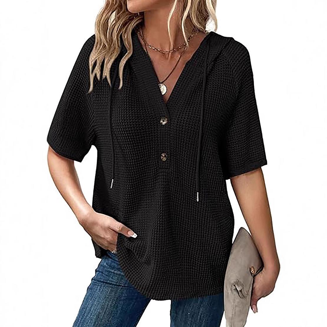 2026 Women s Summer Waffle Knit Short Sleeve Tops Lightweight Drawstring Hoodie Button Up V Neck Shirt S чёрный
2026 Women s Summer Waffle Knit Short Sleeve Tops Lightweight Drawstring Hoodie Button Up V Neck Shirt S чёрный