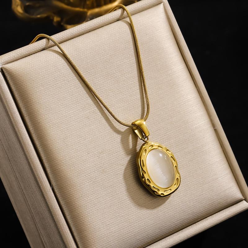 Luxury White Cat Eye Opal Stone Pendant Necklace 18K Gold Plated Stainless Steel Oval Shape Fashion Jewelry
Luxury White Cat Eye Opal Stone Pendant Necklace 18K Gold Plated Stainless Steel Oval Shape Fashion Jewelry