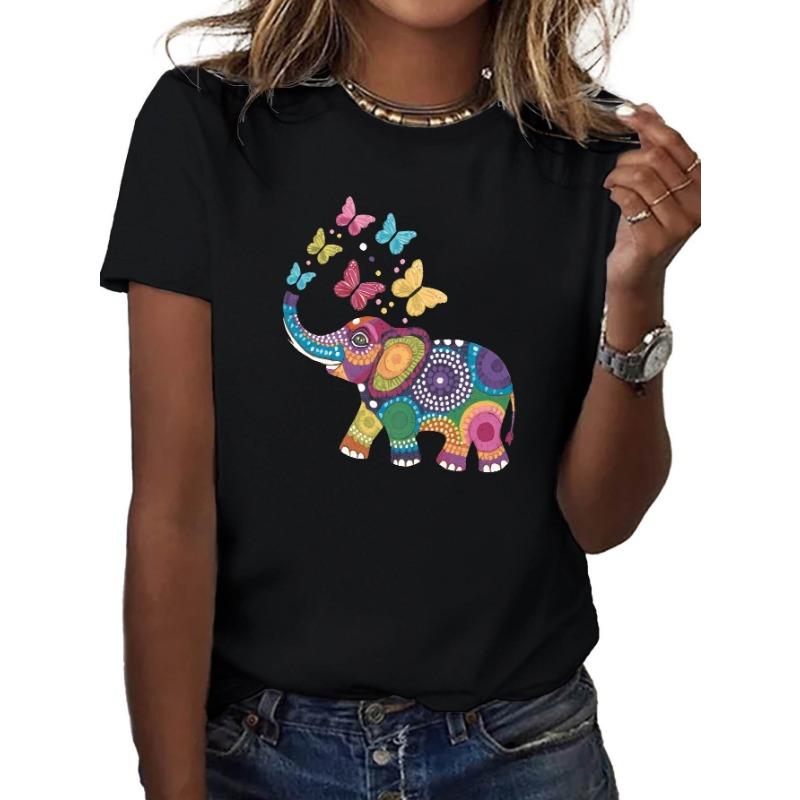 Soft and Comfortable Women s T-shirt with Short Sleeves, Round Neck, Casual Style, and Vibrant Elephant and Butterfly Patterns. S
Soft and Comfortable Women s T-shirt with Short Sleeves, Round Neck, Casual Style, and Vibrant Elephant and Butterfly Patterns. S