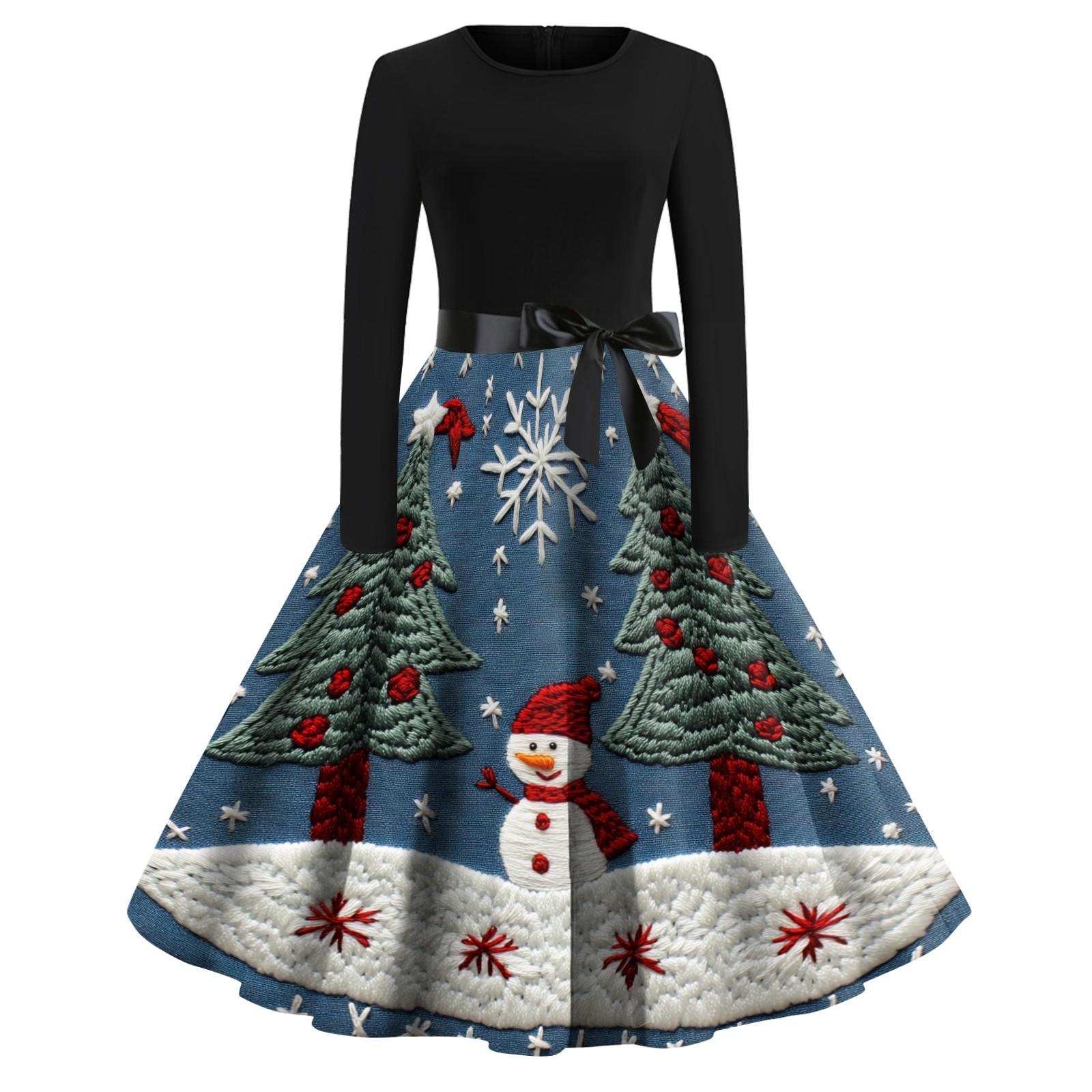 Женское рождественское платье с круглым вырезом и большим подолом, плиссированная юбка с длинными рукавами XXL синий