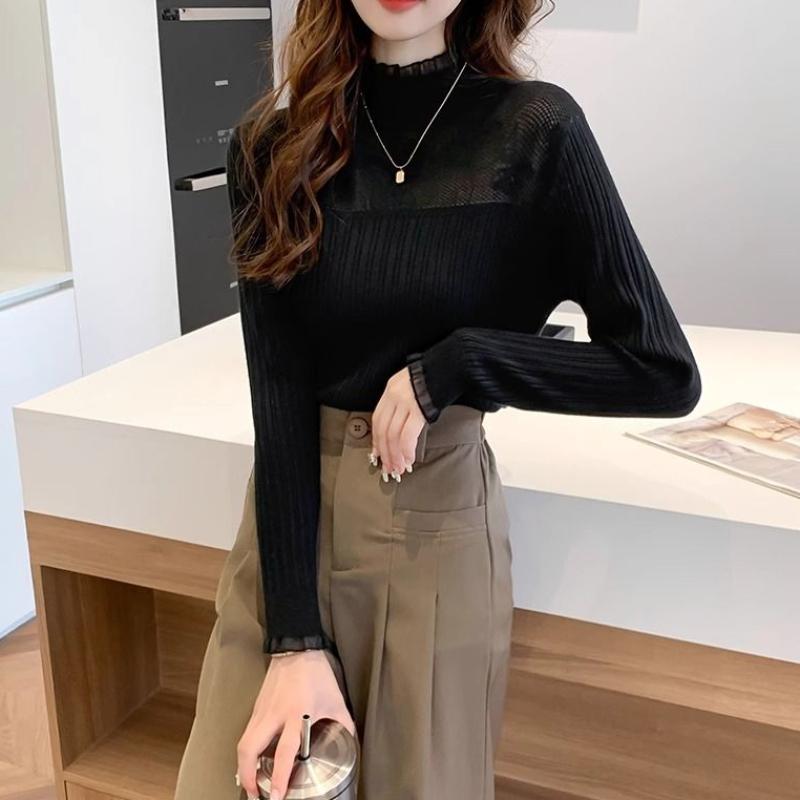 Осень Зима Однотонный Базовый Слой Женское Нижнее Белье Стильный Кружевной Свитер с Воротником Гольф Вязаный Топ Мода XL