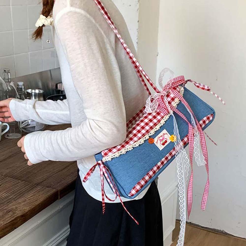 Bow Plaid Shoulder Bag Denim Blue Cloth Underarm Bags Shopping French Stick Handbag Women червоний
Bow Plaid Shoulder Bag Denim Blue Cloth Underarm Bags Shopping French Stick Handbag Women червоний