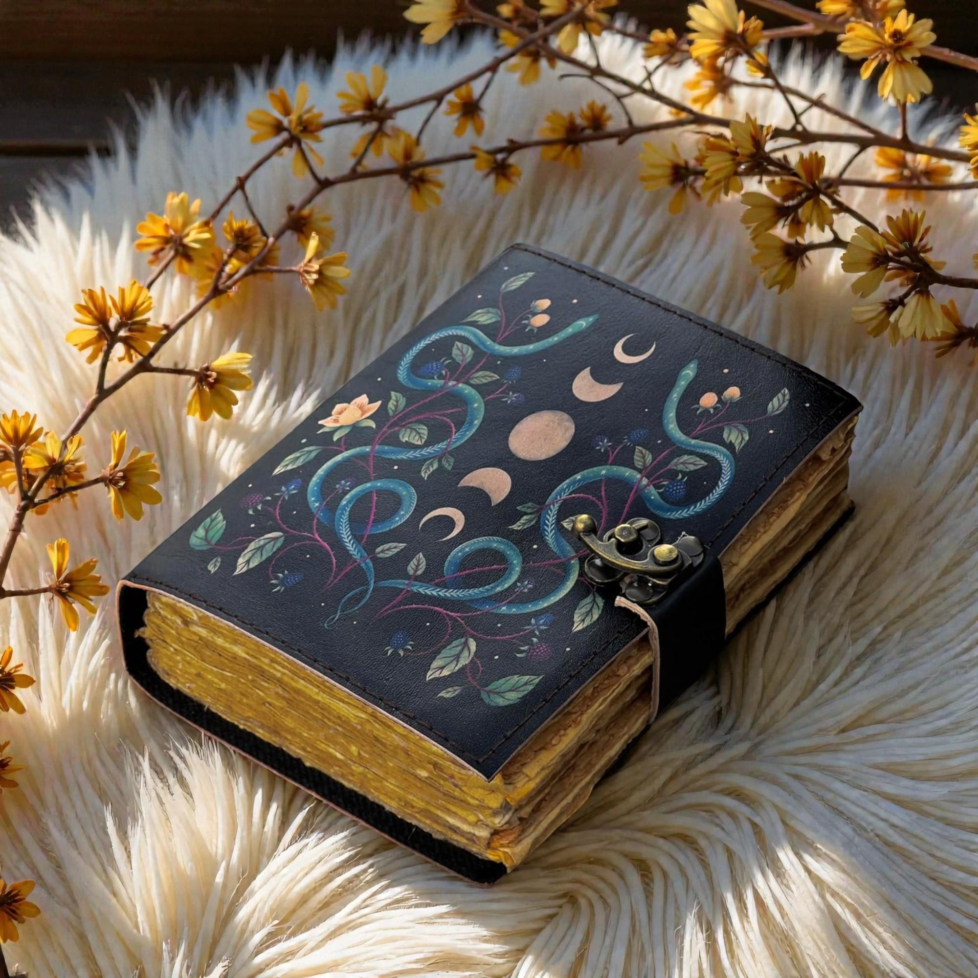 Handmade Leather Journal 5x7 – Snake & Moon Phase Notebook – 200 Deckle Edge Pages – Vintage Lock Diary – Witchy Writing Journal
Handmade Leather Journal 5x7 – Snake & Moon Phase Notebook – 200 Deckle Edge Pages – Vintage Lock Diary – Witchy Writing Journal