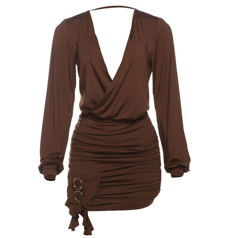 Fashion Wind 2025 Spring New Arrival Women s Clothing Sexy Temperament Deep V Neck Open Back Pure Color Ruffle Hip Dress Women Brown S
Fashion Wind 2025 Spring New Arrival Women s Clothing Sexy Temperament Deep V Neck Open Back Pure Color Ruffle Hip Dress Women Brown S