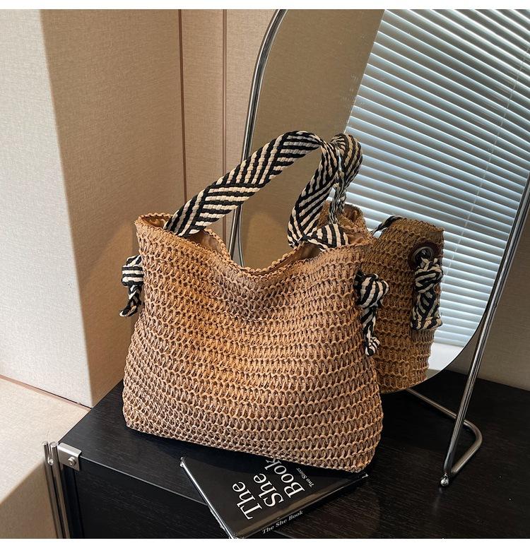 Соломенная сумка большой вместимости, женская новая пляжная сумка через плечо для отпуска на море, премиальная сумка-тоут хаки