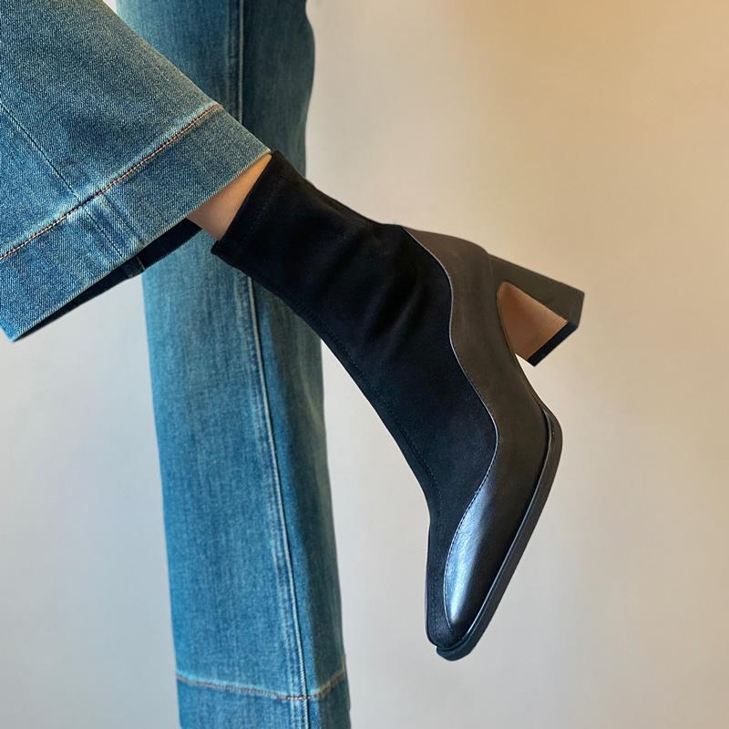 Женские новые зимние ботильоны на толстом каблуке, хлопковые, с квадратным носком, замшевые вставки, задняя молния, противоскользящие, износостойкие 40 чёрный
