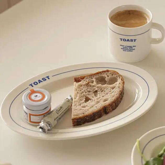 Корейский стиль Ретро буквы Простая синяя керамическая тарелка Посуда Паста Жареный рис Овальная глубокая тарелка Завтрак Десерт Тарелка для закусок