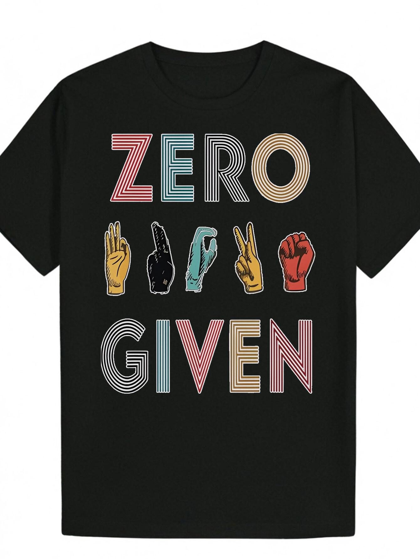 Crew Neck Polyester T-shirt with Colorful ZERO GIVEN Lettering and Hand Gesture Design S
Crew Neck Polyester T-shirt with Colorful ZERO GIVEN Lettering and Hand Gesture Design S