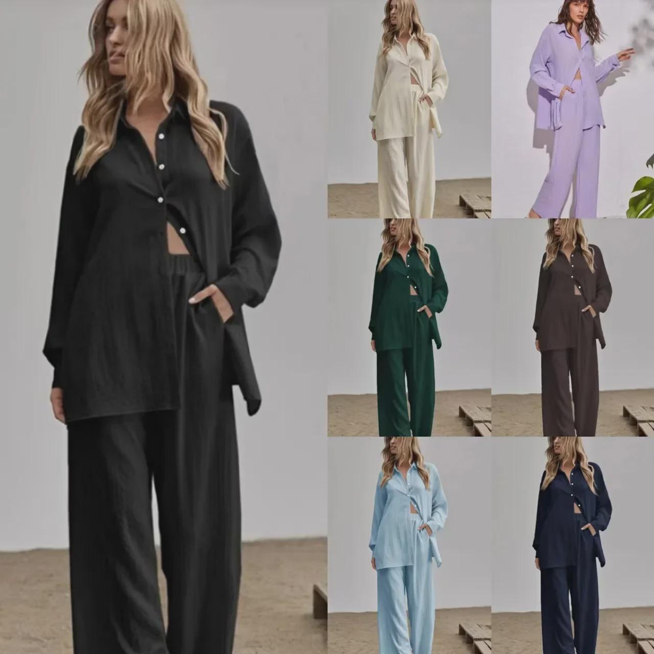 Однотонний повсякденний жіночий костюм осінь 2022: Сорочка з довгими рукавами та штани з еластичною талією L каштановий 
Однотонний повсякденний жіночий костюм осінь 2022: Сорочка з довгими рукавами та штани з еластичною талією L каштановий