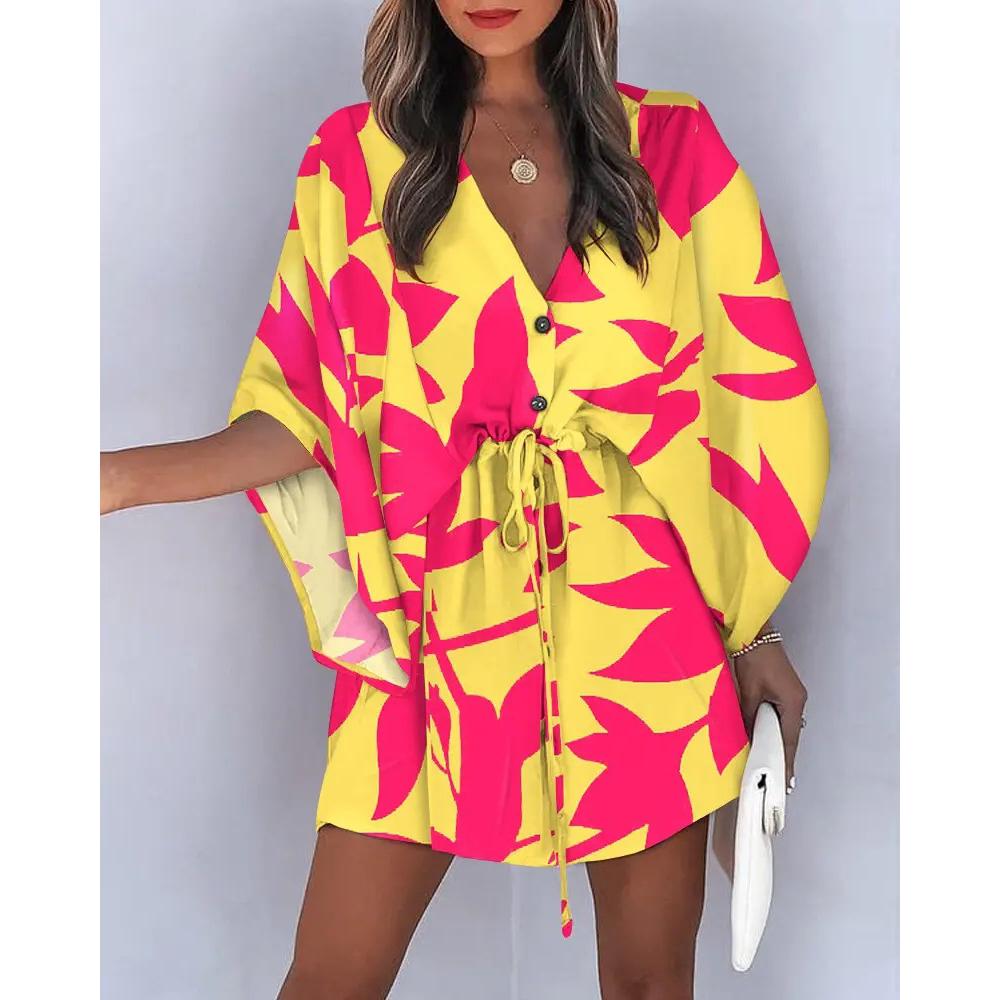 Женское платье-рубашка, сексуальное мини-платье с v-образным вырезом и рукавами «летучая мышь», летние свободные пляжные платья в стиле бохо 2XL