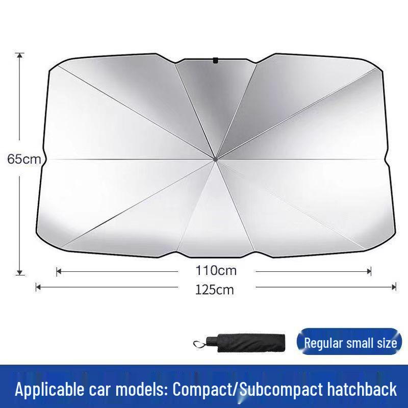 Silver Car Sunshade Umbrella with Curved Handle for Heat Insulation and Vehicle-Specific Windshield Protection.
Silver Car Sunshade Umbrella with Curved Handle for Heat Insulation and Vehicle-Specific Windshield Protection.