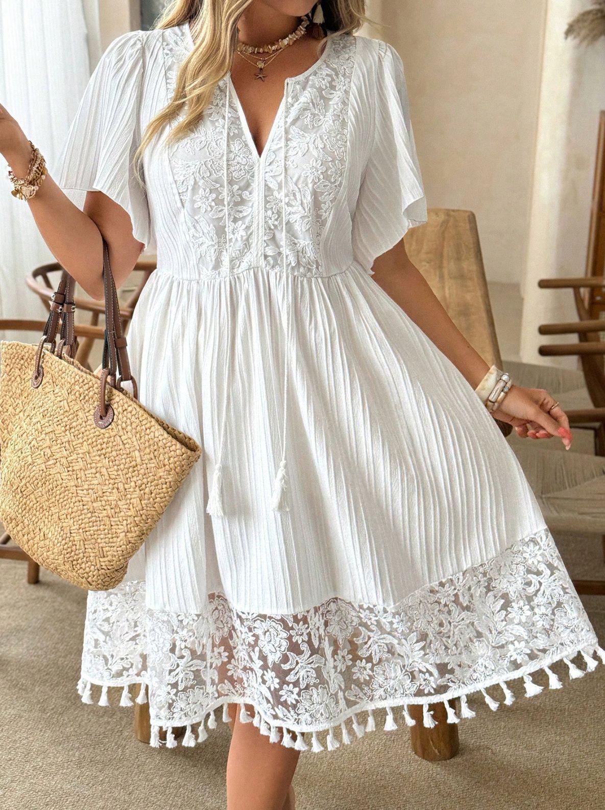 2026 Plus Size European & American V-neck Pleated Lace Beach Vacation Dress 2XL білий
2026 Plus Size European & American V-neck Pleated Lace Beach Vacation Dress 2XL білий