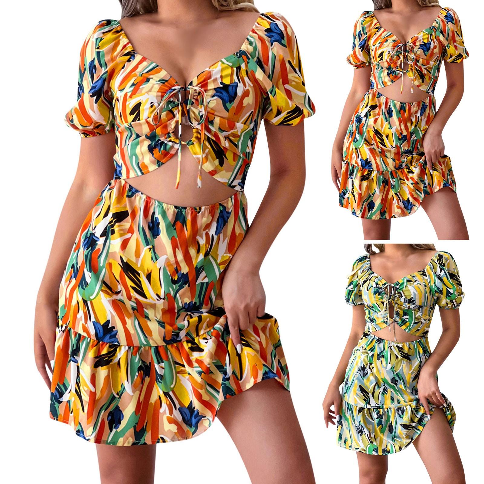 Женское летнее повседневное сексуальное платье с v-образным вырезом и принтом