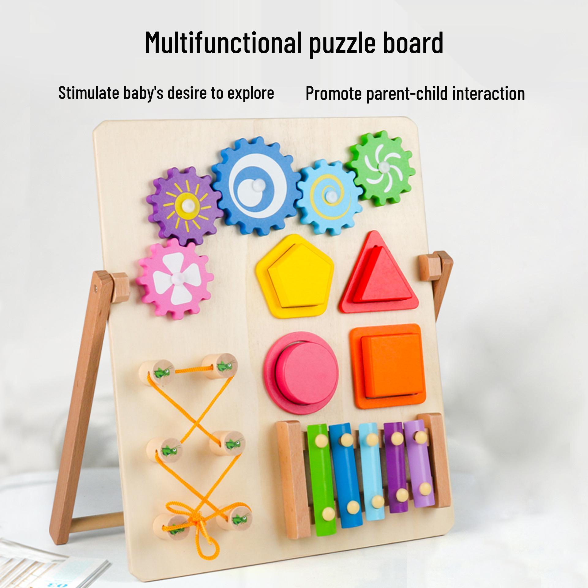 Children s Wooden Educational Board: Clock, Stringing, Gears, Xylophone, Shape Matching.
Children s Wooden Educational Board: Clock, Stringing, Gears, Xylophone, Shape Matching.