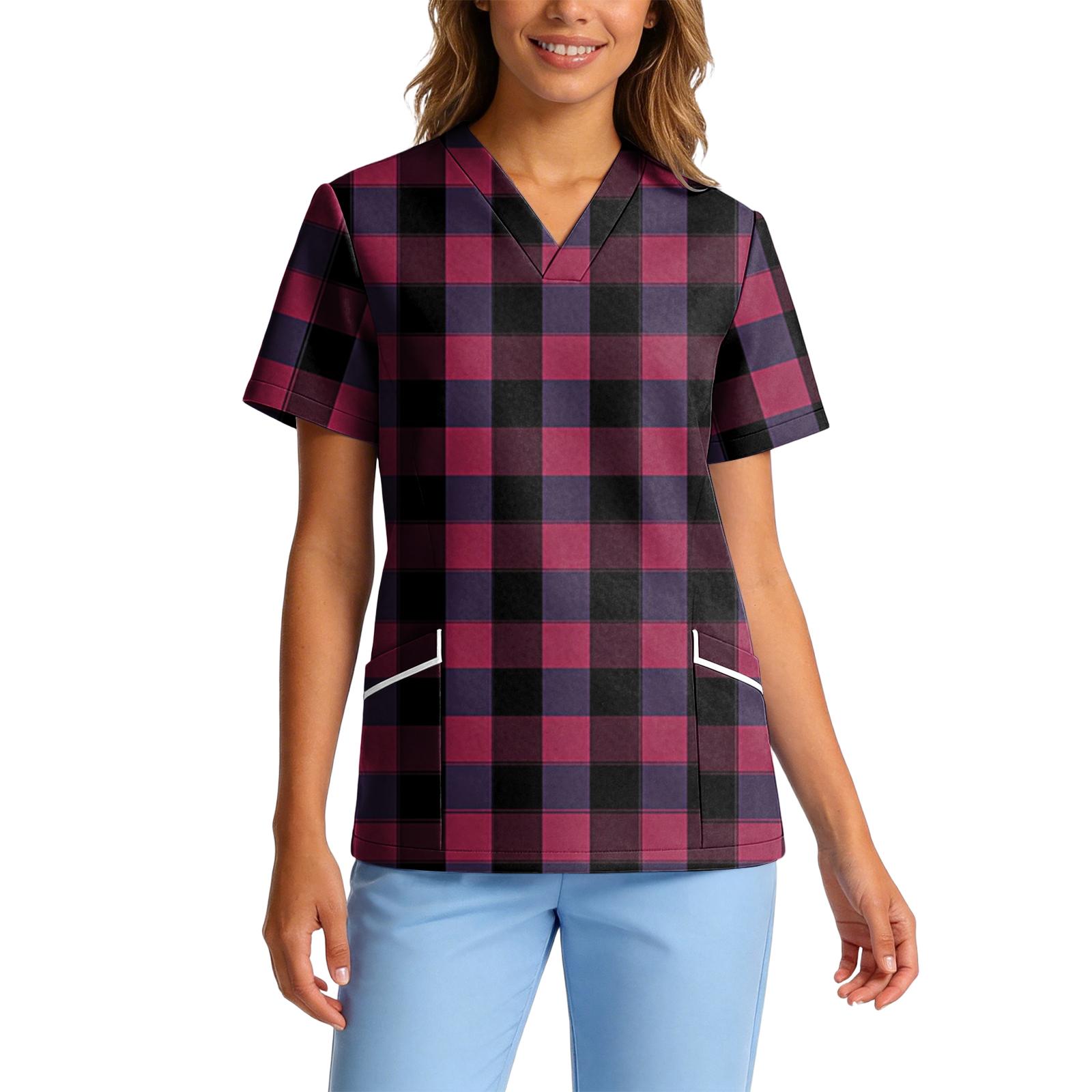 Women V Neck Plaid Print Short Sleeve Scrub Top with Pockets Stretchy Quick Dry Fabric for Work Uniforms L
Women V Neck Plaid Print Short Sleeve Scrub Top with Pockets Stretchy Quick Dry Fabric for Work Uniforms L