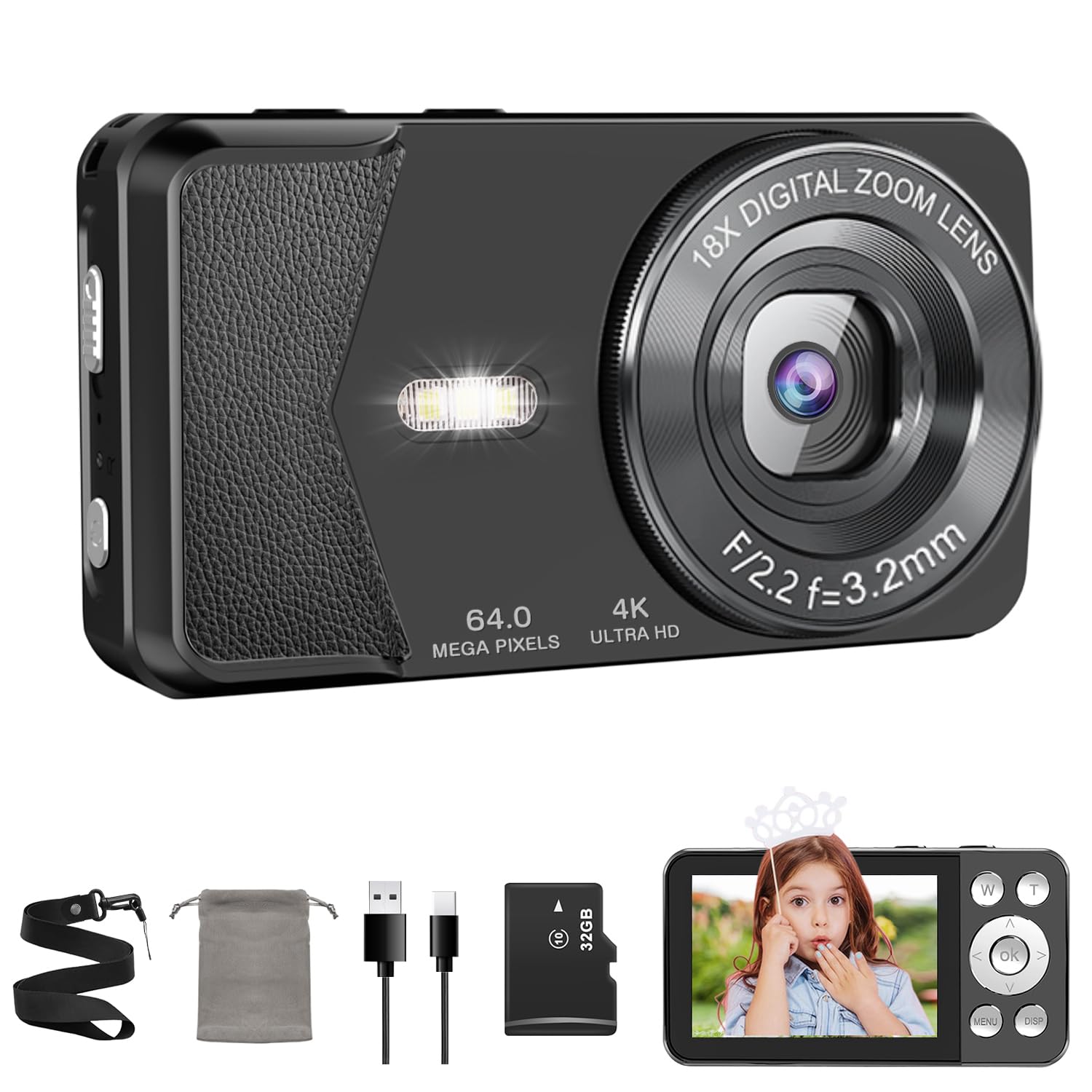 QZTCAMERA Digital Camera 4K Compact 64MP Recording Function Large Screen Autofocus 18x Digital Zoom Loop Recording LED Light USB Rechargeable Compact чорний
QZTCAMERA Digital Camera 4K Compact 64MP Recording Function Large Screen Autofocus 18x Digital Zoom Loop Recording LED Light USB Rechargeable Compact чорний