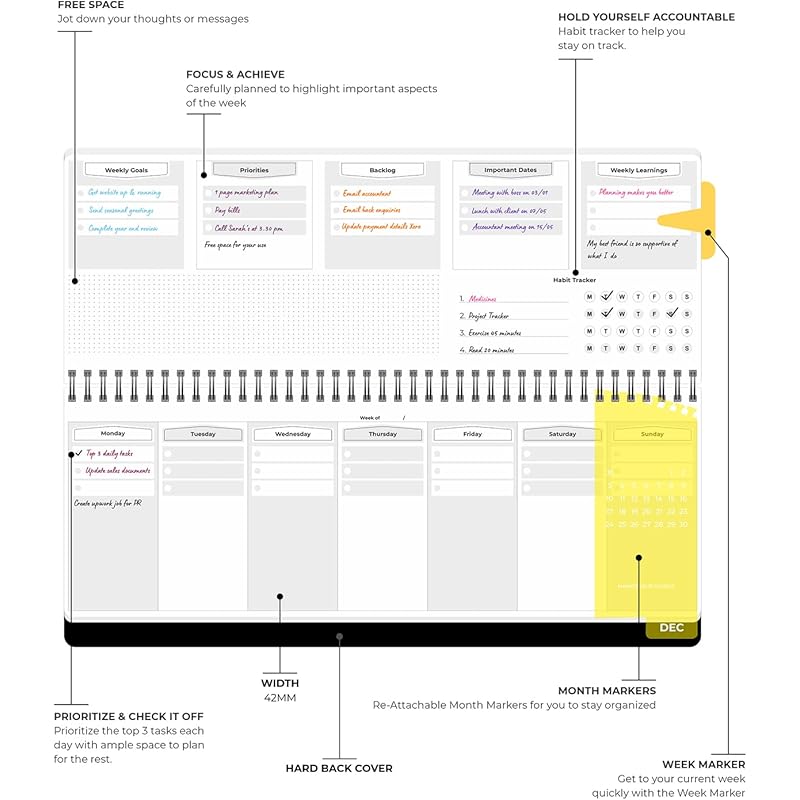 SOLO Weekly Success Planner, Hard Back Cover, 53 Weeks, Undated, Re-Attachable Monthly Calendars, A5 Size, 80GSM 2024 чёрный
SOLO Weekly Success Planner, Hard Back Cover, 53 Weeks, Undated, Re-Attachable Monthly Calendars, A5 Size, 80GSM 2024 чёрный
