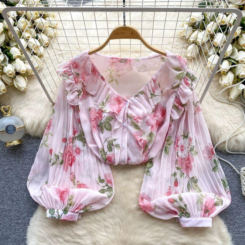 Sweet V-neck Pleated Lantern Sleeve Print Chiffon Tops Pink All yards
Sweet V-neck Pleated Lantern Sleeve Print Chiffon Tops Pink All yards