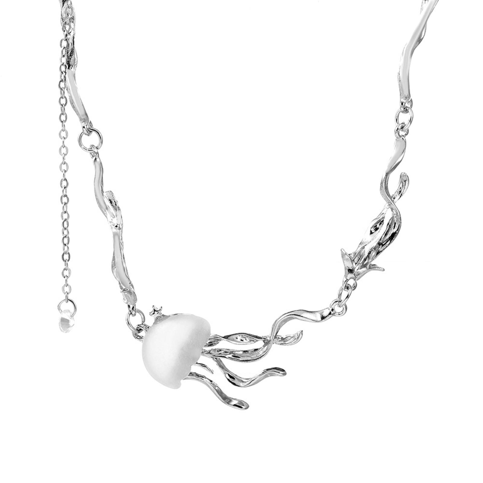 Alloy Jellyfish Tassel Necklace with White Umbrella Pendant, Silver Tentacles, Curved Chain, Extender for Adjustable Length,
Alloy Jellyfish Tassel Necklace with White Umbrella Pendant, Silver Tentacles, Curved Chain, Extender for Adjustable Length,