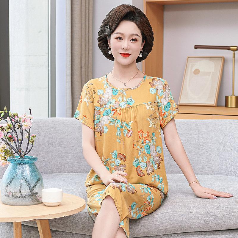 «Женская летняя пижама из хлопка и шелка»: Комплект из двух предметов с коротким рукавом, свободного кроя, для людей среднего и пожилого возраста, больших размеров, для ношения на открытом воздухе. XXXXL (80-90 kg)