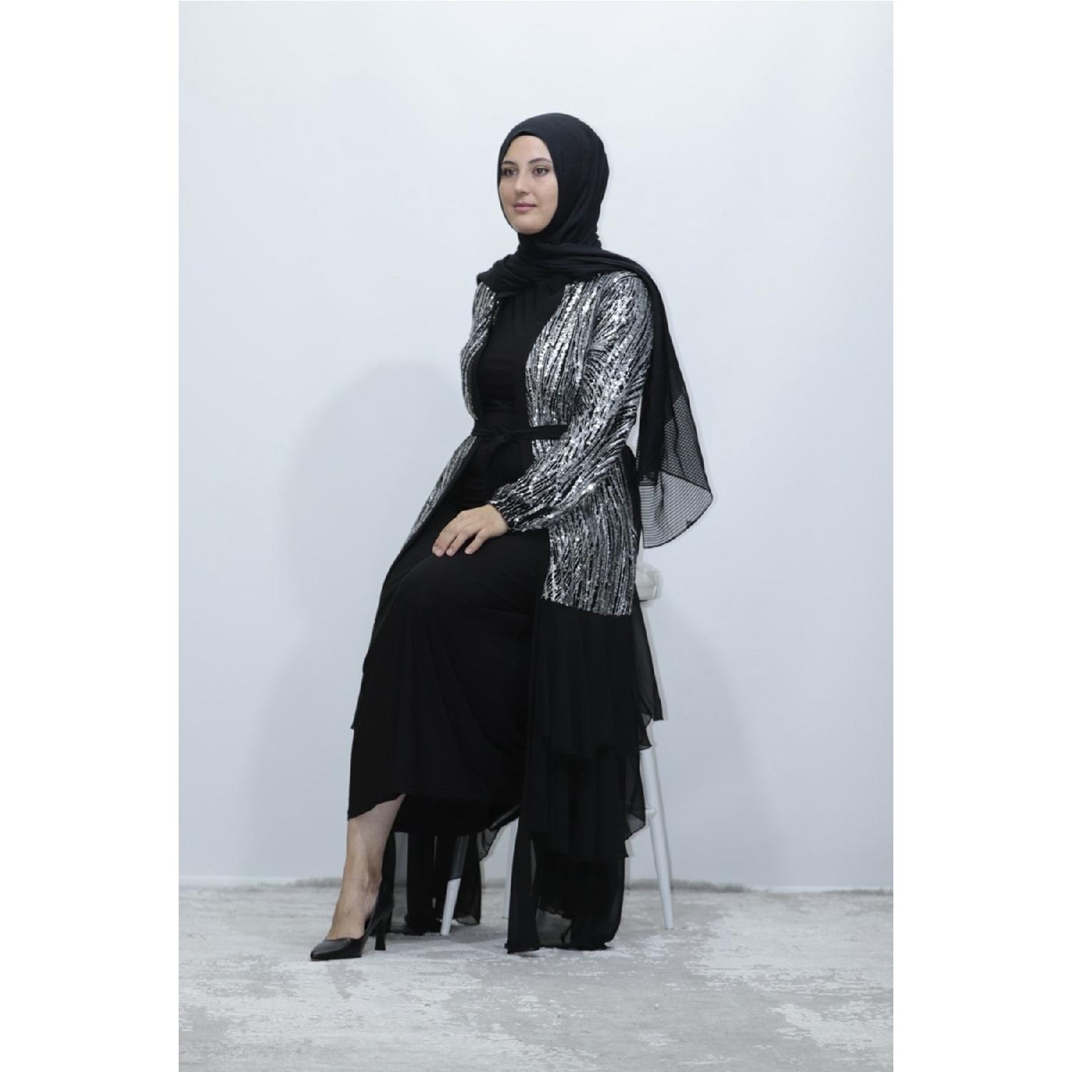 Шифоновое вечернее платье с блестками и блестками, костюм Абая 44 чёрный 
Шифоновое вечернее платье с блестками и блестками, костюм Абая 44 чёрный