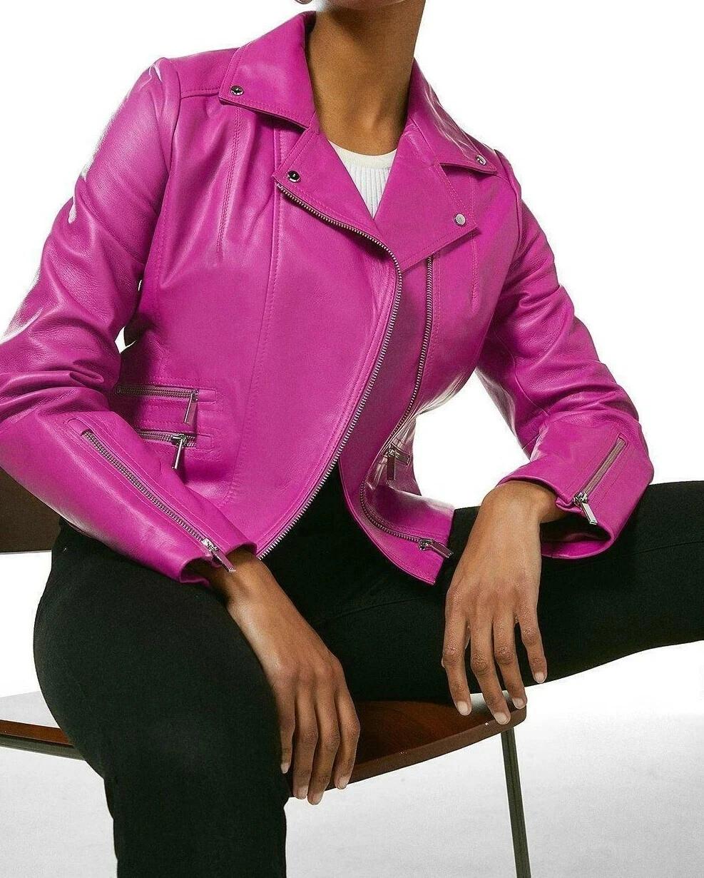 Женская куртка Розовая Ручная работа Кожа Ягненок Стильная Повседневная Модная Мотоциклетная одежда 3XL розовый