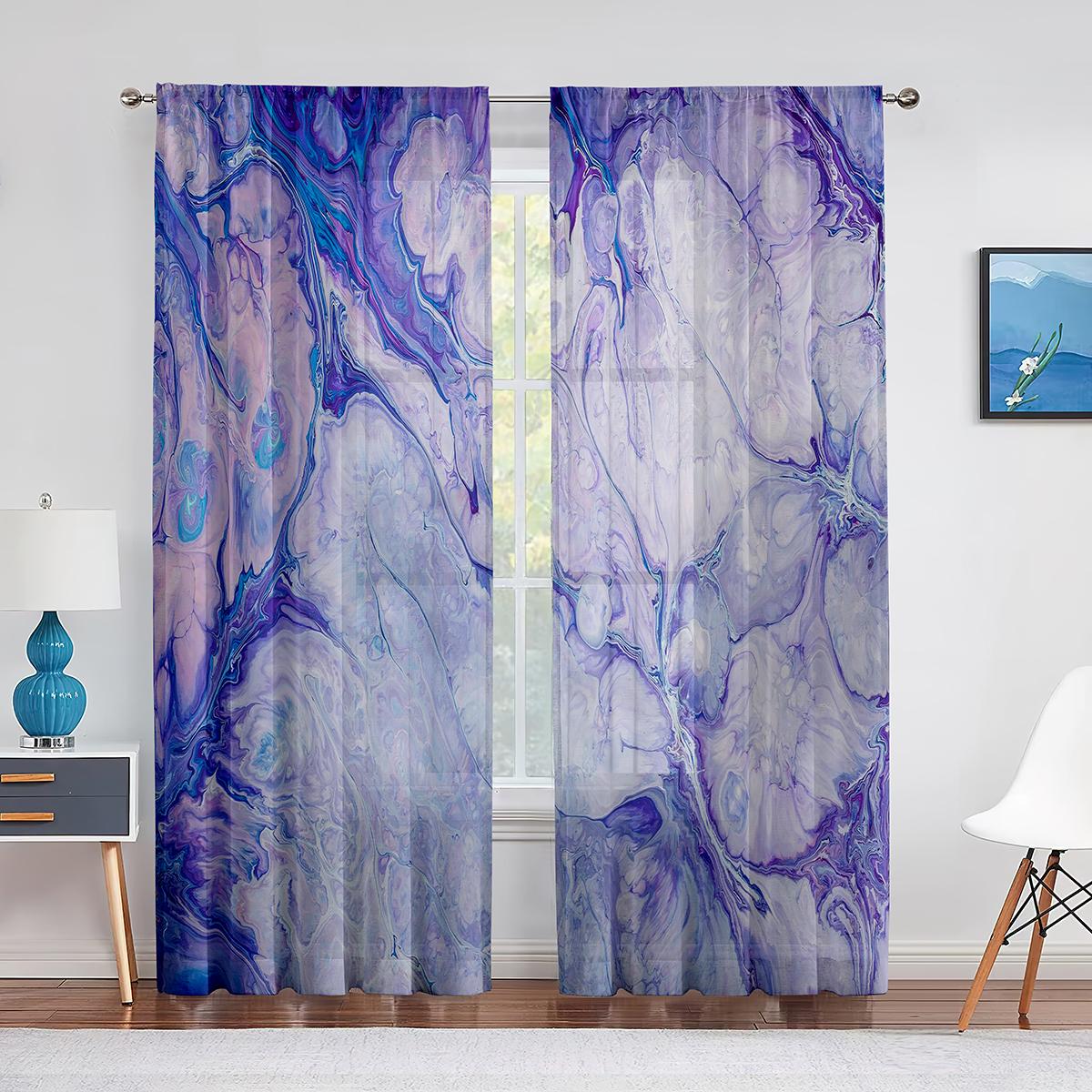 Мраморные абстрактные синие фиолетовые тюлевые шторы с мрамором для гостиной, спальни, кухни, украшения, прозрачные оконные шторы 1 PCS W100XH250cm&Grommet Top