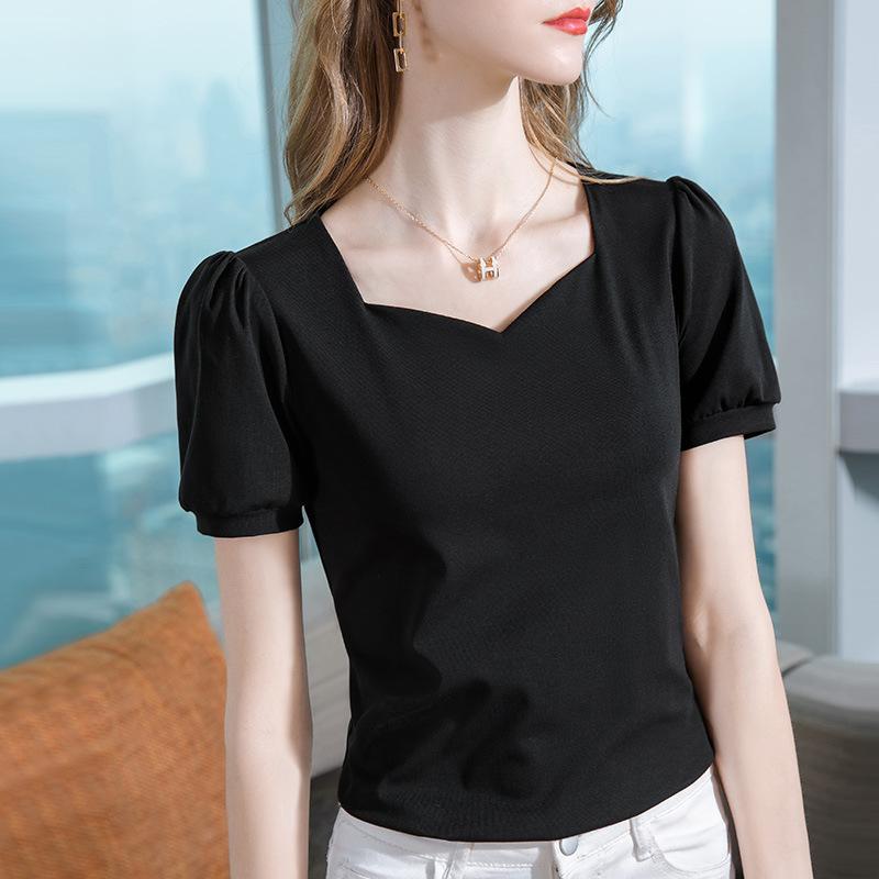 Short-sleeved T-shirt for Womens Summer Latest Womens Classic Style Clavicle Square Collar Single Color Cotton T-shirt French Puff Sleeve Top 3XL чорний
Short-sleeved T-shirt for Womens Summer Latest Womens Classic Style Clavicle Square Collar Single Color Cotton T-shirt French Puff Sleeve Top 3XL чорний