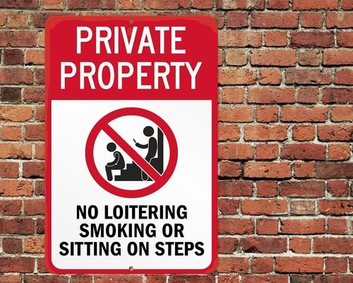 Private Property No Loitering Smoking Sitting Steps Sign Aluminum Metal aluminum 20x30cm
Private Property No Loitering Smoking Sitting Steps Sign Aluminum Metal aluminum 20x30cm
