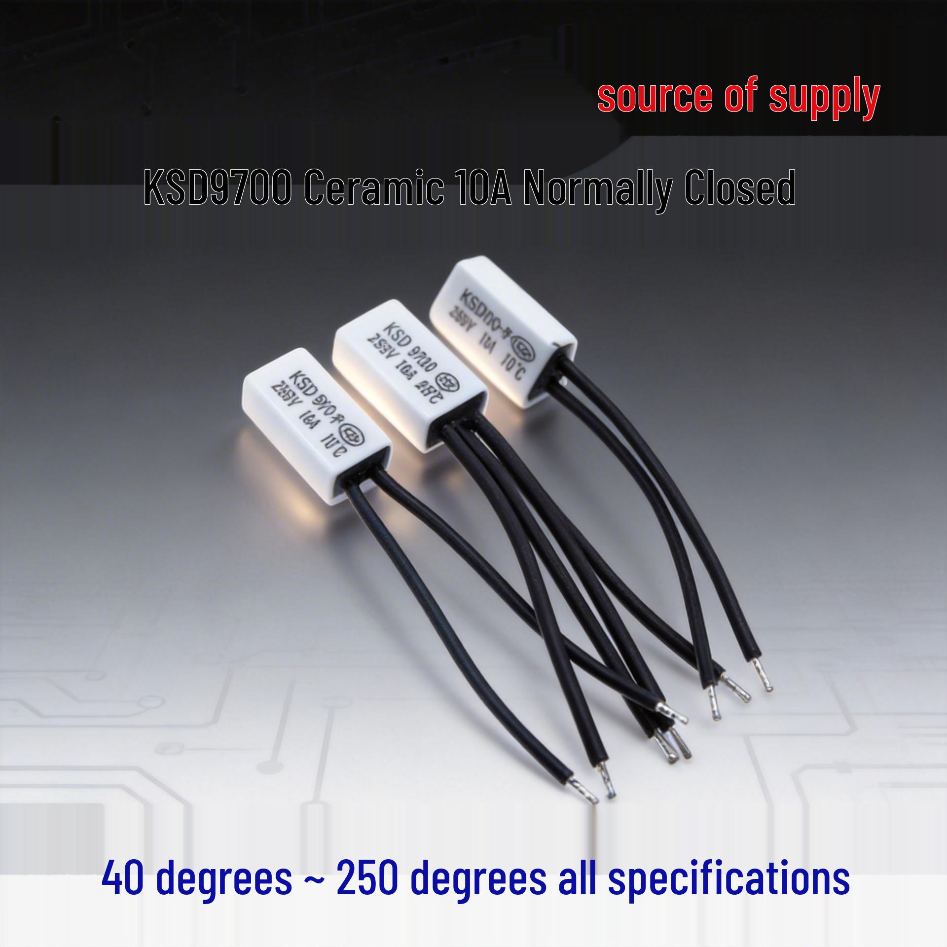 KSD9700 Ceramic Temperature Control Switch 10A, Normally Closed, 40°C - 150°C 110°C, Wire Length 70mm
KSD9700 Ceramic Temperature Control Switch 10A, Normally Closed, 40°C - 150°C 110°C, Wire Length 70mm