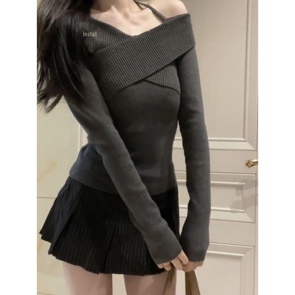 French Slim Fit Off-Shoulder Knitted Sweater - Women s Autumn/Winter Short Base Sweater One Size сірий колір
French Slim Fit Off-Shoulder Knitted Sweater - Women s Autumn/Winter Short Base Sweater One Size сірий колір