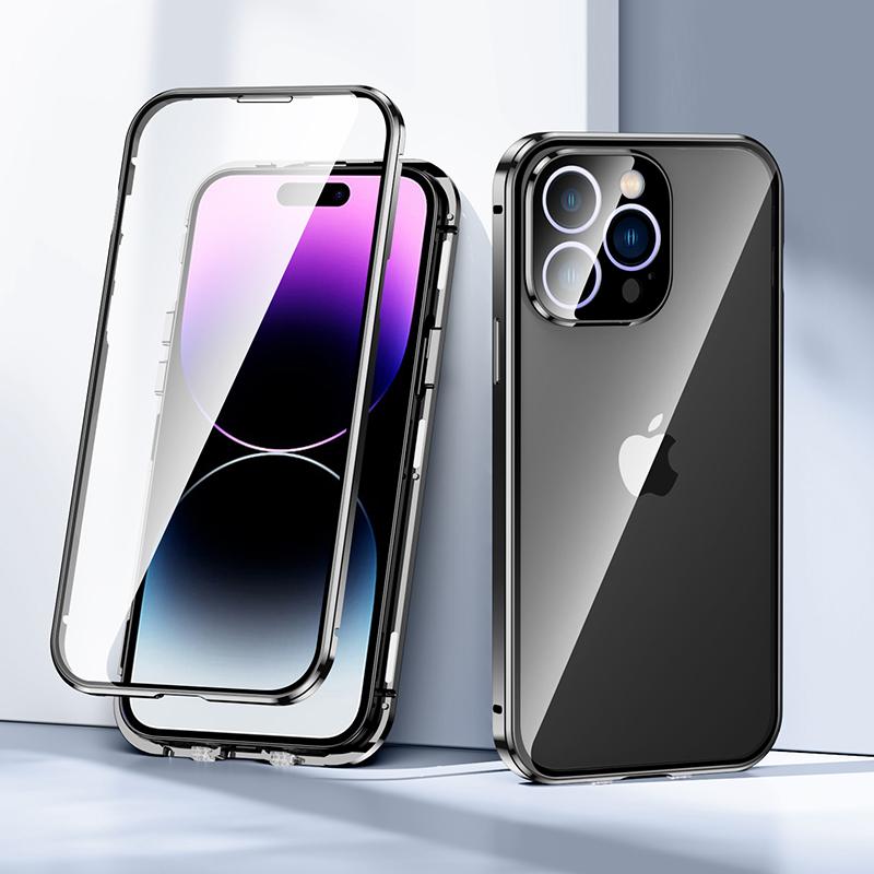For iPhone 15 Pro Double Sides Tempered Glass Phone Case Straight Edge Metal Frame Buckle Magnetic Phone Cover Black
For iPhone 15 Pro Double Sides Tempered Glass Phone Case Straight Edge Metal Frame Buckle Magnetic Phone Cover Black