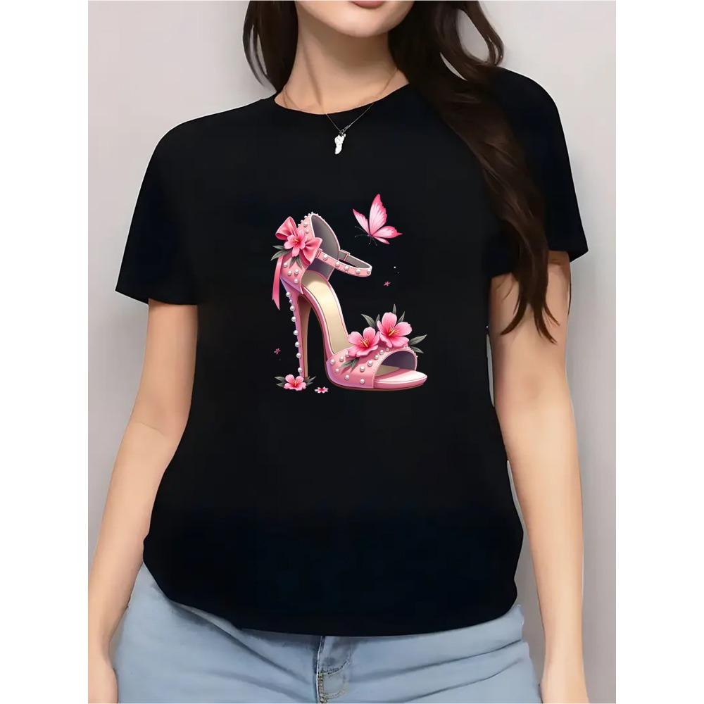 Elegant Pink High-Heel Graphic T-Shirt with Floral and Butterfly Design Summer Short Sleeved Harajuku Streetwear Tops 3XL
Elegant Pink High-Heel Graphic T-Shirt with Floral and Butterfly Design Summer Short Sleeved Harajuku Streetwear Tops 3XL