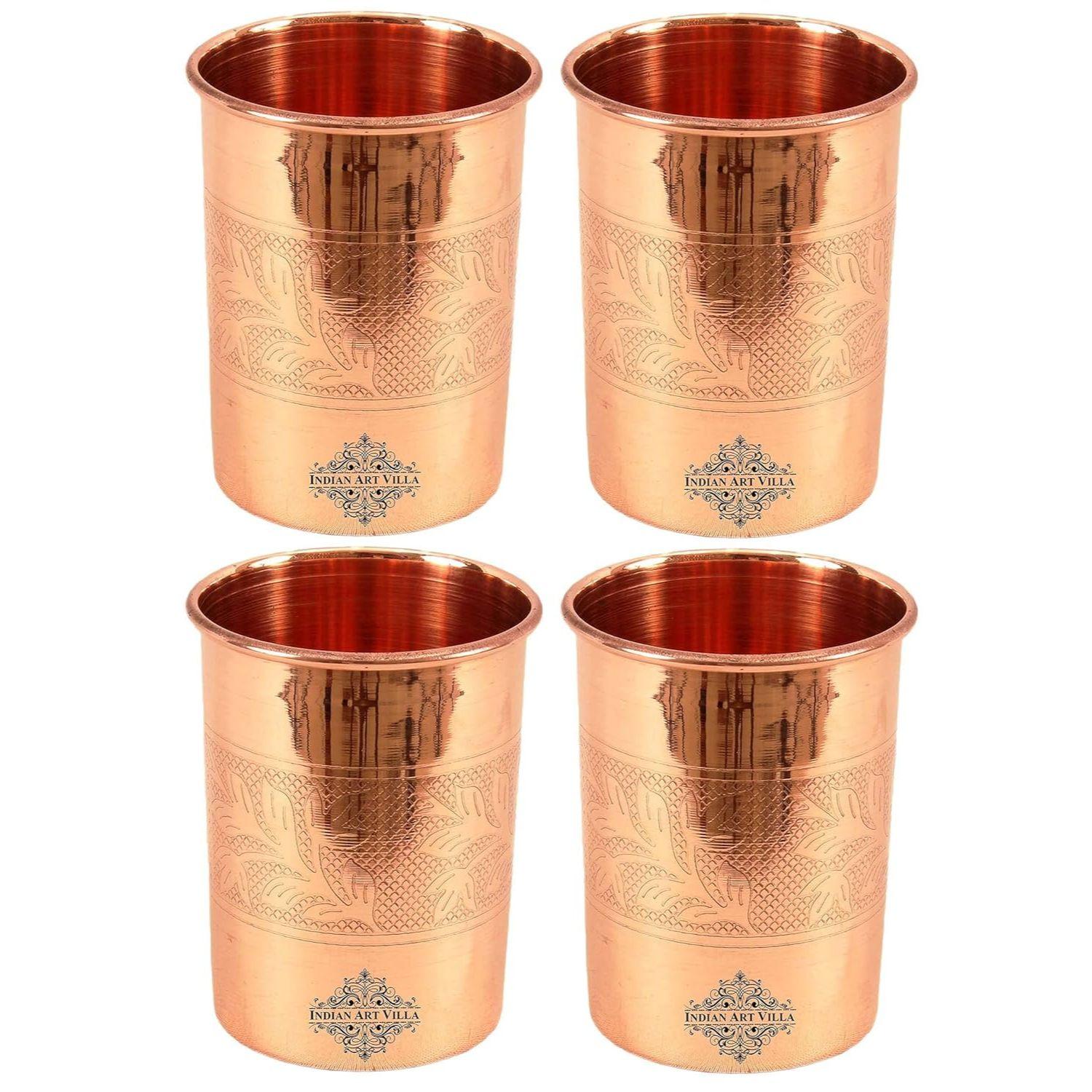 Copper Water Glasses with Embossed Design, Drinkware & Serveware, Ayurvedic Health Benefits, 300 ml Capacity, Set of 4
Copper Water Glasses with Embossed Design, Drinkware & Serveware, Ayurvedic Health Benefits, 300 ml Capacity, Set of 4
