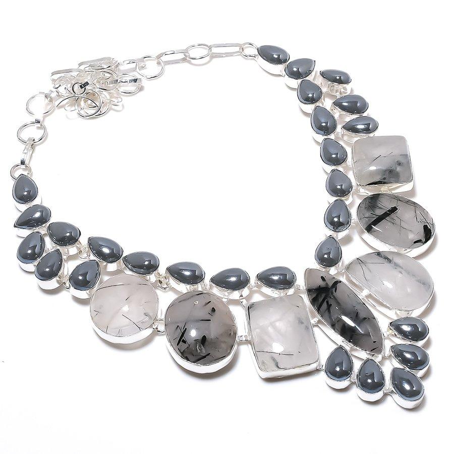 Ожерелье из стерлингового серебра 925 пробы с натуральным черным рутилом и стеклянным драгоценным камнем, 18 дюймов, v6f20