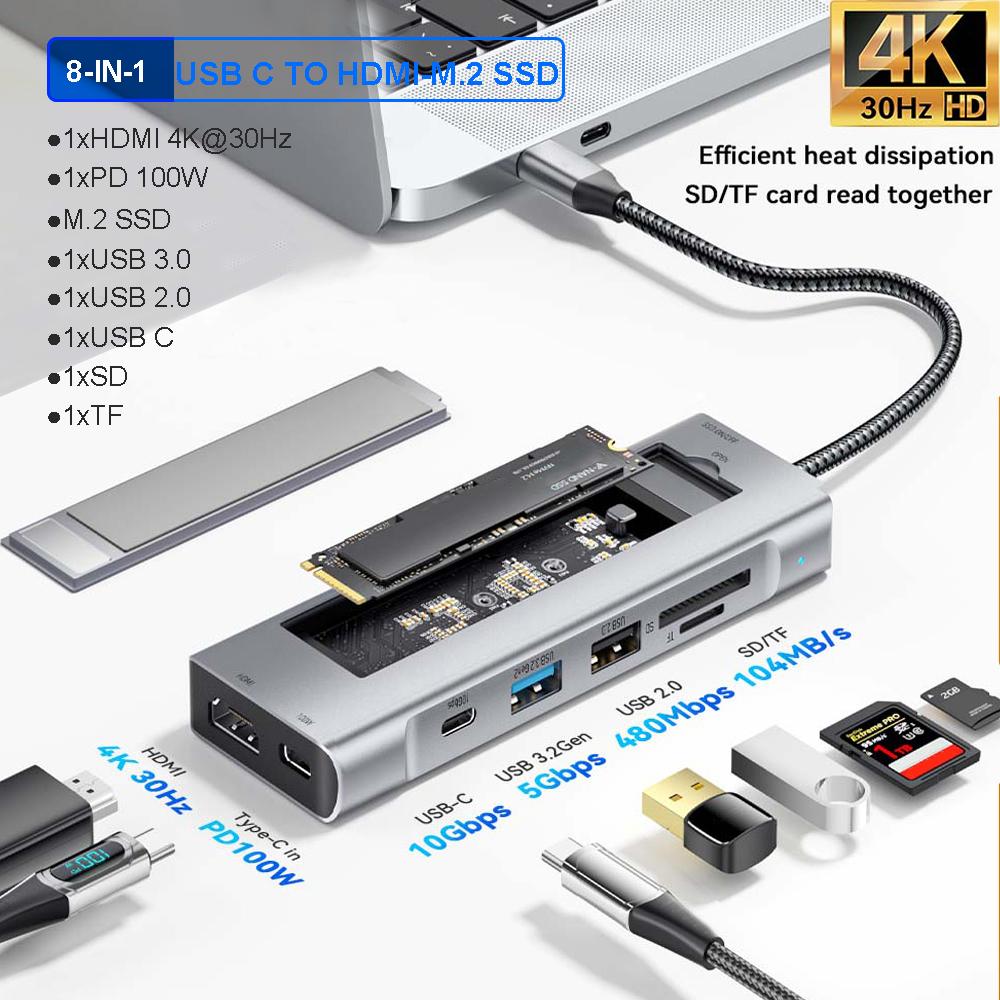 USB-концентратор 8-в-1 с функцией хранения на диске PD100W USB C — HDMI-совместимый док-станция M.2 SSD HUB для Macbook Pro Air M1 M2
USB-концентратор 8-в-1 с функцией хранения на диске PD100W USB C — HDMI-совместимый док-станция M.2 SSD HUB для Macbook Pro Air M1 M2