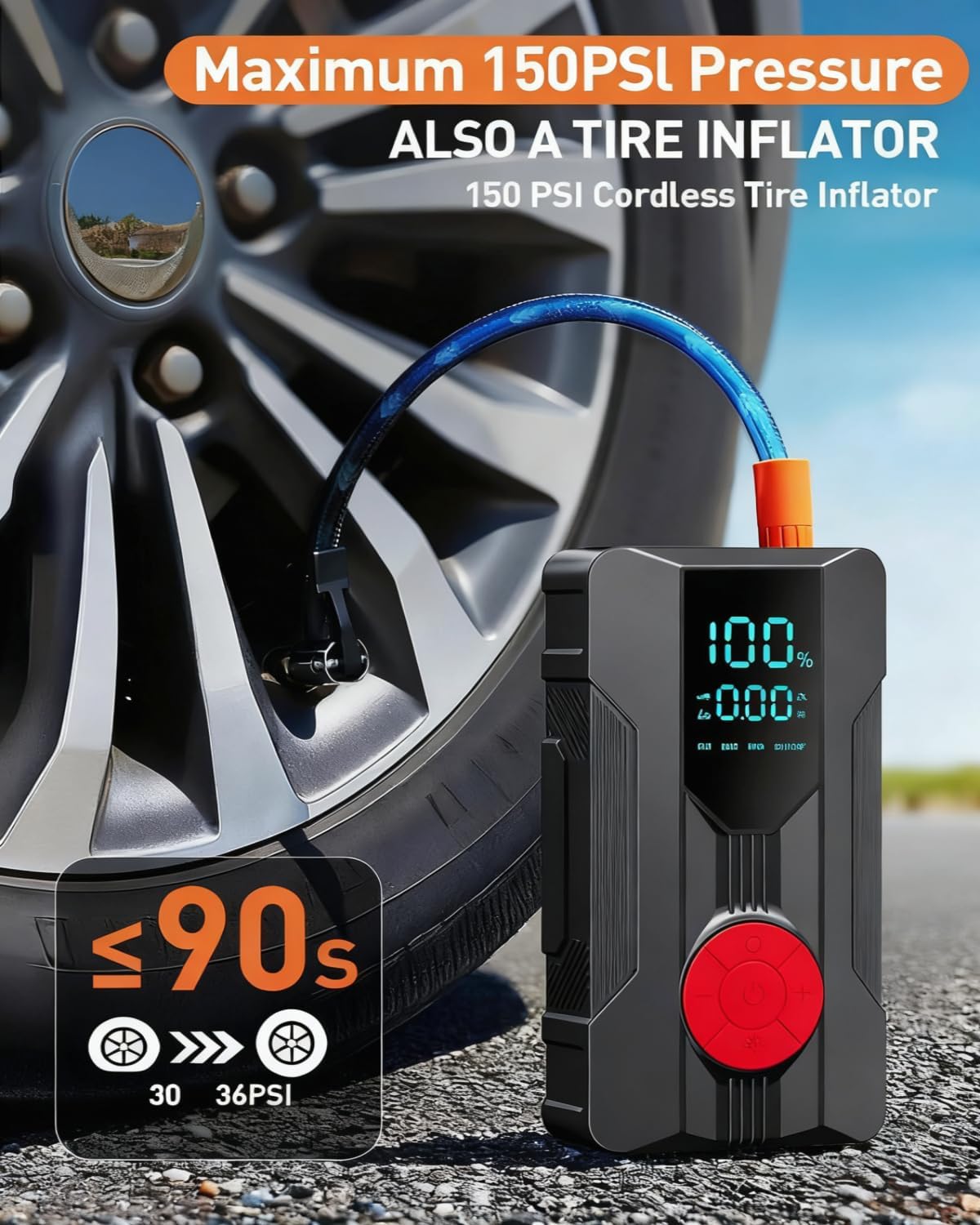Portable Jump Starter with Air Compressor, 3000A 12V Jump Box, Smart Cables, Tire Inflator, LED Light United States
Portable Jump Starter with Air Compressor, 3000A 12V Jump Box, Smart Cables, Tire Inflator, LED Light United States