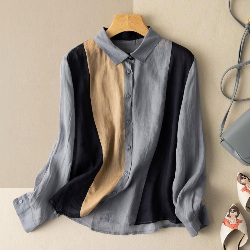 Женская одежда Винтажная рубашка в стиле пэчворк Весна Осень Стильная контрастных цветов Воротник поло Повседневная Однобортная Свободная блузка XXXL синий