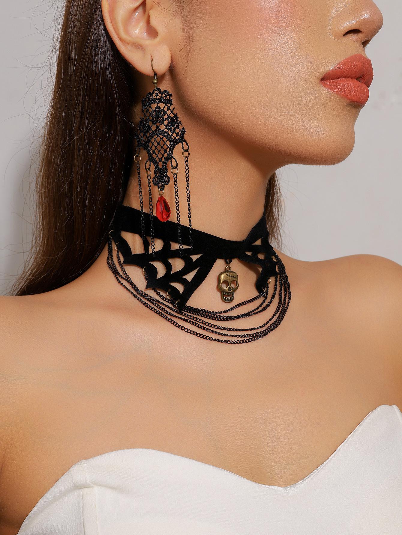 Винтажное черное кружевное ожерелье с розой, браслет, кольцо, набор для женского ужина, темный ветреный браслет-цепочка на шею