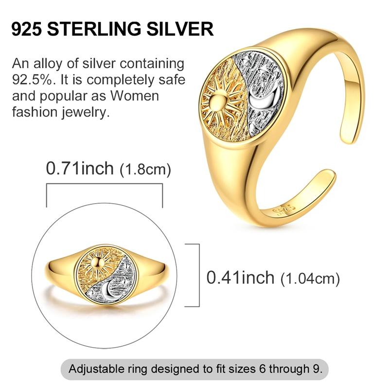925 Sterling Silver Golden Sun and Moon Signet Open Ring Two-Tone Day & Night Adjustable Hypoallergenic Jewelry Gift for Women
925 Sterling Silver Golden Sun and Moon Signet Open Ring Two-Tone Day & Night Adjustable Hypoallergenic Jewelry Gift for Women