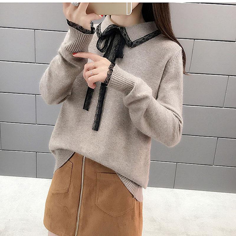 Women s Lace Trim Long-Sleeve Knit Sweater with Bow Tie Collar One Size
Women s Lace Trim Long-Sleeve Knit Sweater with Bow Tie Collar One Size