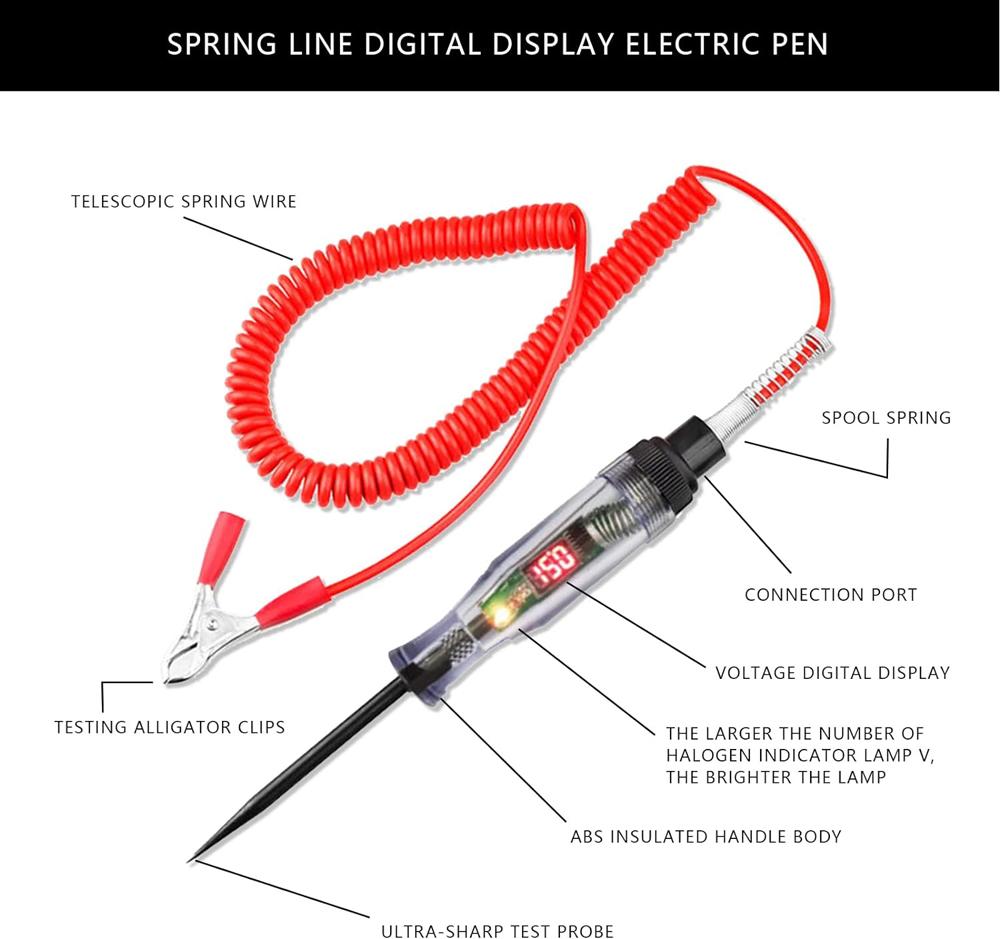 Test Light Automotive Circuit Tester 3-48V DC Digital LCD Display Prolong Spring Cable for Sedan,SUV,RV,Truck,Lawn Mower
Test Light Automotive Circuit Tester 3-48V DC Digital LCD Display Prolong Spring Cable for Sedan,SUV,RV,Truck,Lawn Mower
